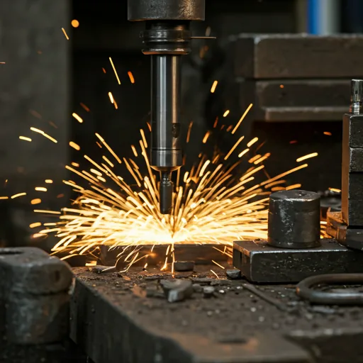 Industrial metal workshop detail with sparks and precision tools